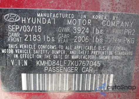 2019 Hyundai Elantra Sel z USA, uszkodzony, nr VIN KMHD84LF7KU767045